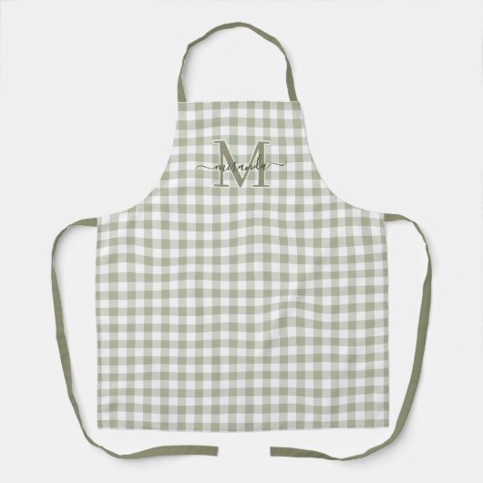 Sagegroene geruite schort met monogram en naam (Voorkant)