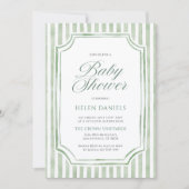Sagegroene gestreepte babyshower uitnodiging (Voorkant)