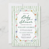 Sagegroene gestreepte bloemachtige babyshower uitn kaart (Voorkant)