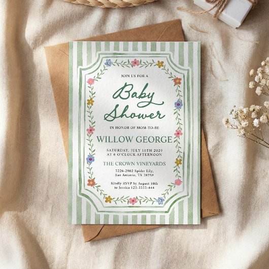 Sagegroene gestreepte bloemachtige babyshower uitn kaart