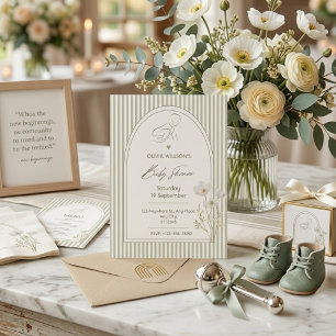 Sagegroene gestreepte bloemige babyshower uitnodig kaart
