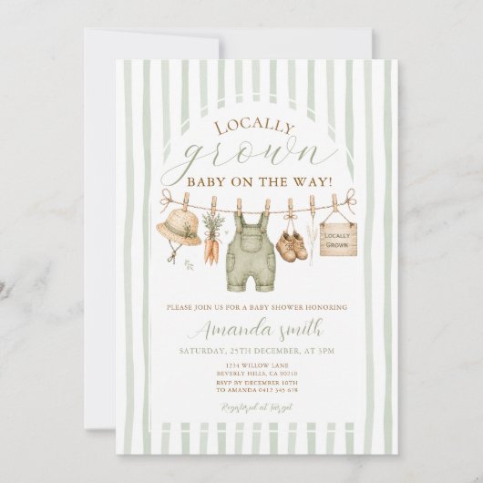 Sagegroene gestreepte lokaal geteelde babyshower kaart (Voorkant)