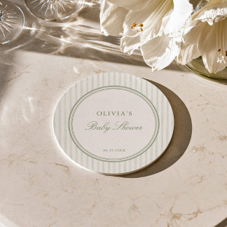 Sagegroene gestreepte preppy baby shower coasters ronde kartonnen onderzetter