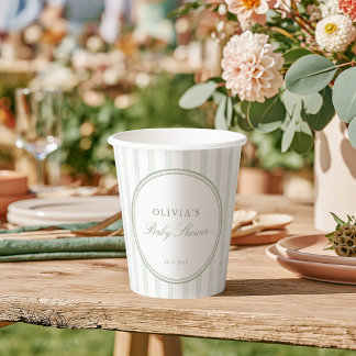 Sagegroene gestreepte preppy baby shower papieren bekers