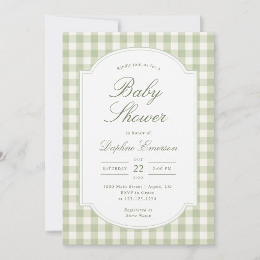 Sagegroene Gingham Baby Shower Kaart (Voorkant)