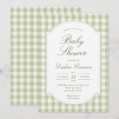 Sagegroene Gingham Baby Shower Kaart (Voorkant / Achterkant)