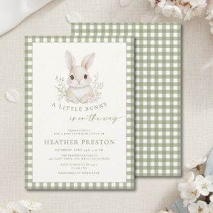 Sagegroene Gingham Baby Shower met Konijn Kaart
