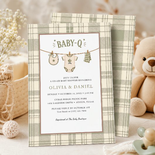 Sagegroene Gingham Baby Shower Ontspannen BBQ Kaart