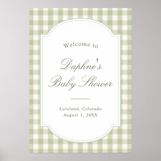 Sagegroene Gingham Baby Shower Poster (Voorkant)
