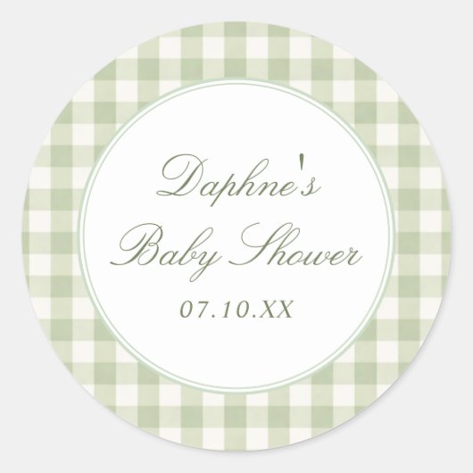Sagegroene Gingham Baby Shower Sticker (Voorkant)