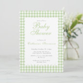 Sagegroene Gingham Baby Shower Uitnodiging (Staand voorkant)