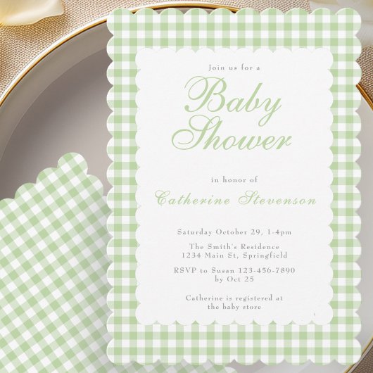 Sagegroene Gingham Baby Shower Uitnodiging