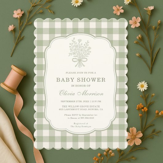 Sagegroene Gingham Baby Shower Uitnodiging
