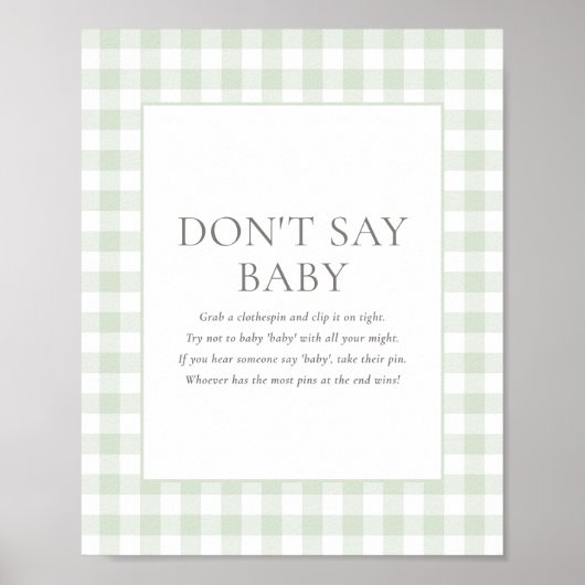 Sagegroene Gingham Baby Shower Zeg Niet Baby Bord Poster (Voorkant)