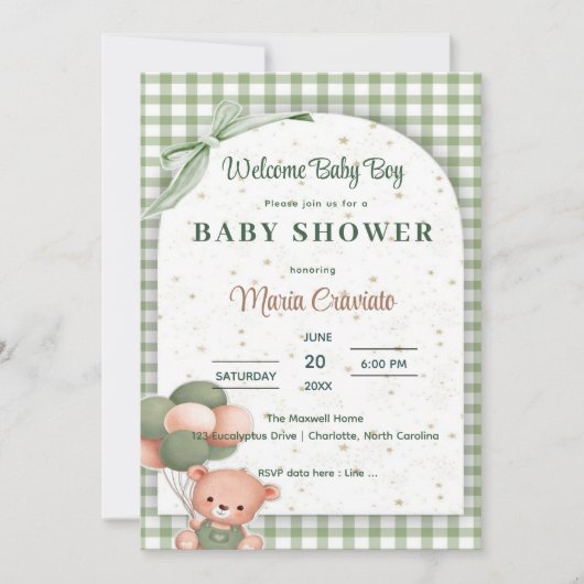 Sagegroene Gingham Babyshower Uitnodiging (Voorkant)