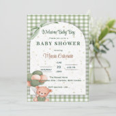 Sagegroene Gingham Babyshower Uitnodiging (Staand voorkant)