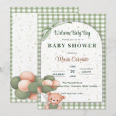 Sagegroene Gingham Babyshower Uitnodiging (Voorkant / Achterkant)