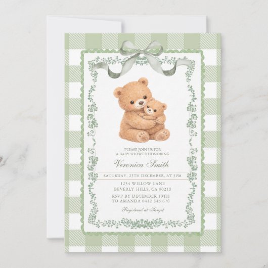 Sagegroene Gingham Beer Moeder & Baby Kaart (Voorkant)