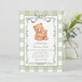 Sagegroene Gingham Beer Moeder & Baby Kaart (Staand voorkant)