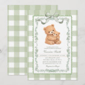 Sagegroene Gingham Beer Moeder & Baby Kaart (Voorkant / Achterkant)