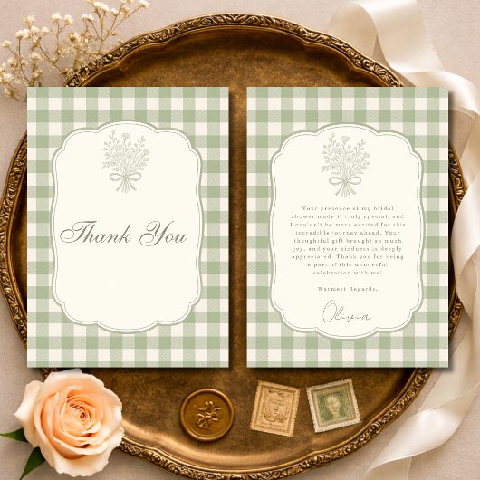 Sagegroene Gingham Bloemenslint Bruidsborrel Uitno Bedankkaart