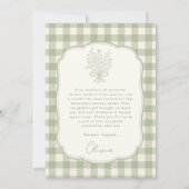 Sagegroene Gingham Bloemenslint Bruidsborrel Uitno Bedankkaart (Achterkant)