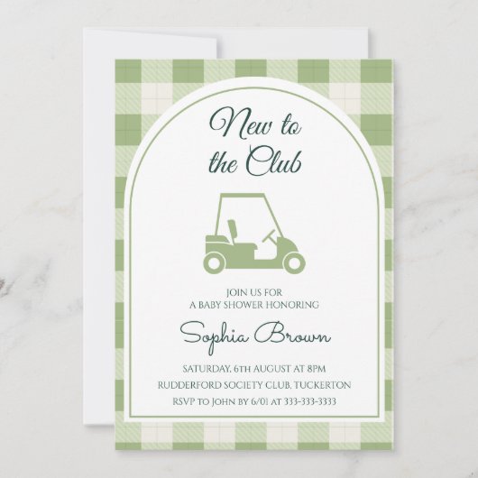 Sagegroene Gingham Boog Golf Baby Shower Kaart (Voorkant)