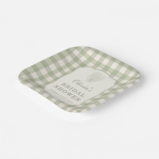 Sagegroene Gingham Bruiloftsfeest Papieren Bordje (Gebogen)