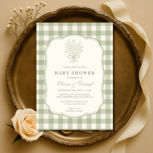 Sagegroene Gingham Couples Baby Shower Kaart