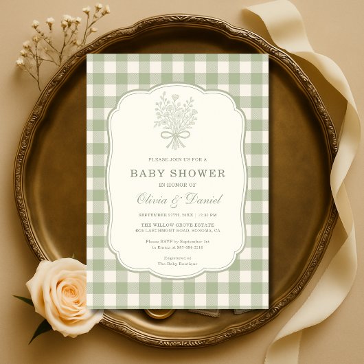 Sagegroene Gingham Couples Baby Shower Kaart