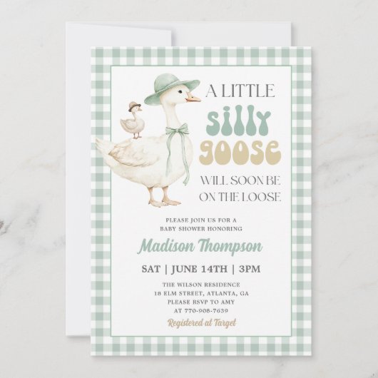 Sagegroene Gingham Dwaas Gansje Baby Shower Kaart (Voorkant)