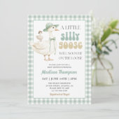 Sagegroene Gingham Dwaas Gansje Baby Shower Kaart (Staand voorkant)