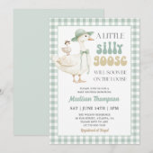 Sagegroene Gingham Dwaas Gansje Baby Shower Kaart (Voorkant / Achterkant)