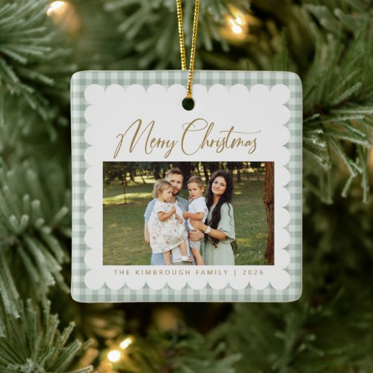 Sagegroene Gingham Foto Prettig Kerstfeest Keramisch Ornament (Boom)