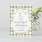 Sagegroene Gingham Gans Babyshower Uitnodiging (Staand voorkant)