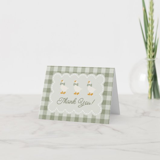 Sagegroene Gingham Gans Buffalo Rut Babyborrel Bedankkaart (Voorkant)