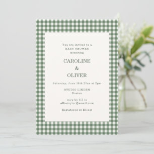 Sagegroene Gingham geruite tweeling baby shower Kaart