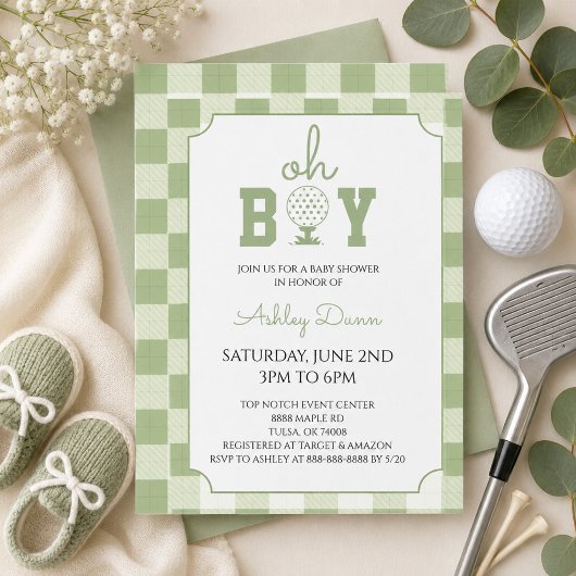 Sagegroene Gingham Golf Baby Shower Kaart