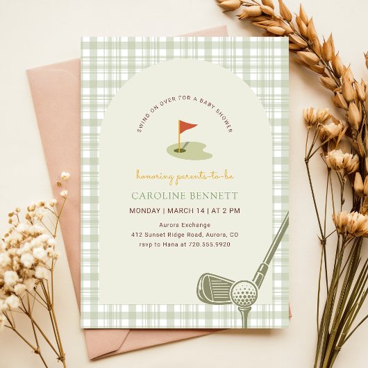 Sagegroene Gingham Golf Jongens Baby Shower Kaart