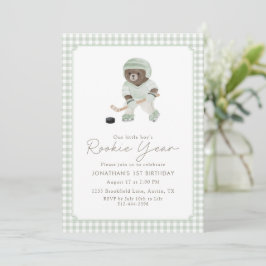 Sagegroene Gingham Hockey Eerste Jaar Teddybeer Kaart