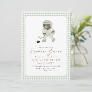 Sagegroene Gingham Hockey Eerste Jaar Teddybeer  Kaart