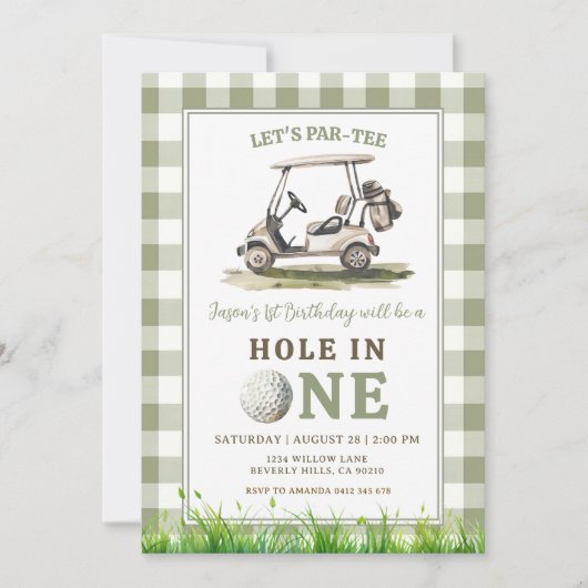 Sagegroene Gingham Hole in One Golf Jongen Verjaar Kaart (Voorkant)