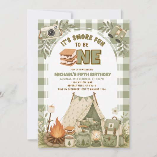 Sagegroene Gingham Kampfeest 1e Verjaardag Kaart (Voorkant)