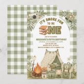 Sagegroene Gingham Kampfeest 1e Verjaardag Kaart (Voorkant / Achterkant)