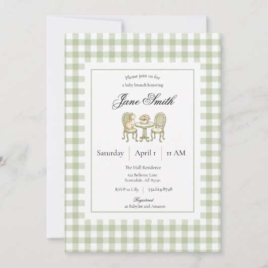 Sagegroene Gingham Kitten Baby Shower Uitnodiging (Voorkant)