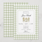Sagegroene Gingham Kitten Baby Shower Uitnodiging (Voorkant / Achterkant)