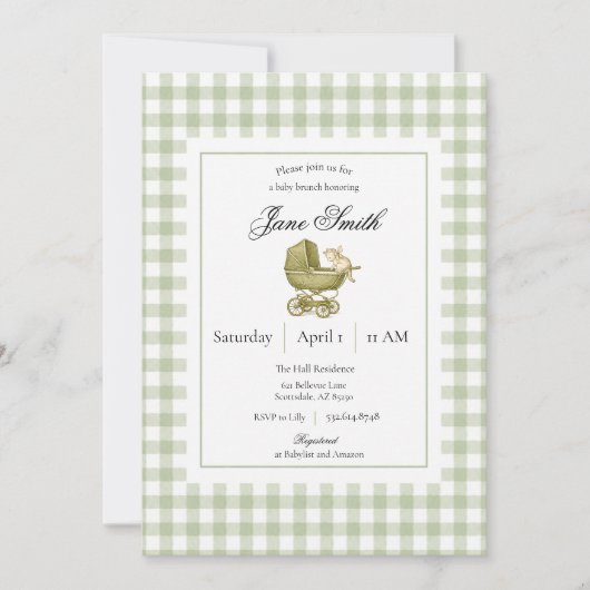 Sagegroene Gingham Kitten Baby Shower Uitnodiging (Voorkant)