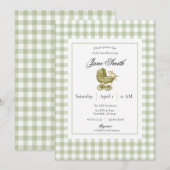 Sagegroene Gingham Kitten Baby Shower Uitnodiging (Voorkant / Achterkant)