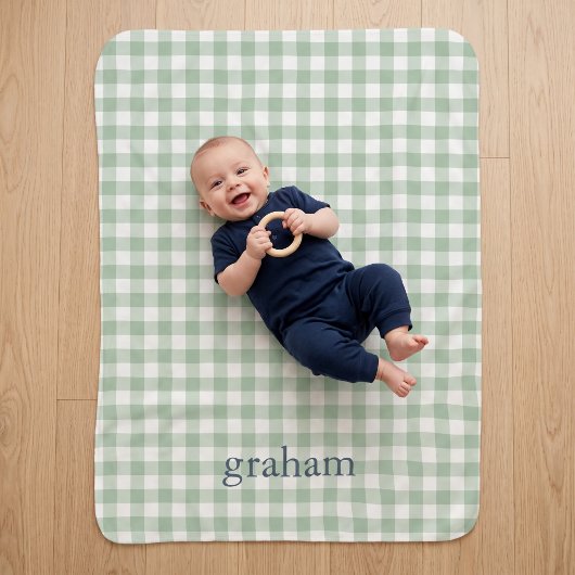 Sagegroene Gingham Monogram Sherpa Deken