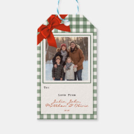 Sagegroene Gingham Plaid Foto Kerstmis Cadeaulabel